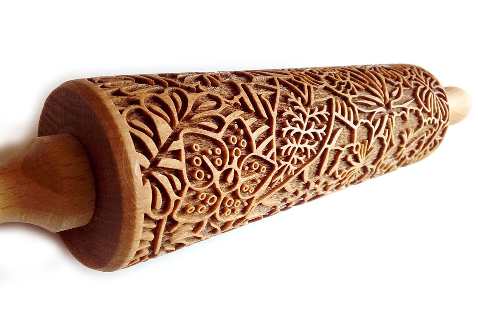 Engraved Rolling Pin, Flowers and Tropical Leaves, Wooden Embossed