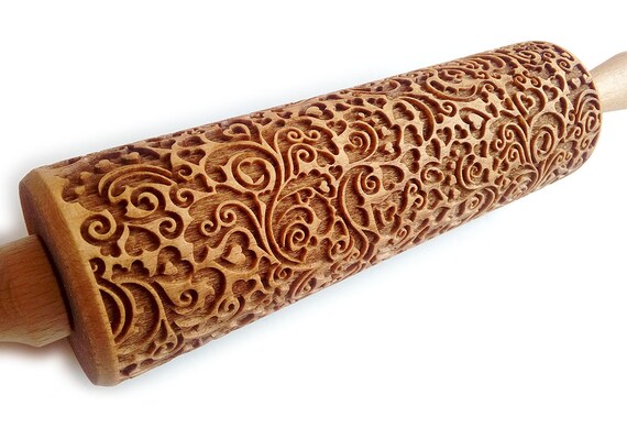 Hearts In Flowers Engraved Rolling Pin Patterned Rolling Pin Embossing Rolling Pin Decorative Rolling Pin Laser Engraved Wooden Roller