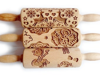 Christmas Gift, SET 3 rollers, Laser Engraved Rolling Pin, Decorative rolling Pin, Embossed roller for cookies , Wooden rolling pin,Ornament