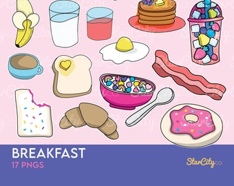 Frühstück Clipart, Toast Clipart, Handgezeichnete Clipart, PNGS, Digitales Papier, Eier Clipart, Donut Clipart, direkter Download
