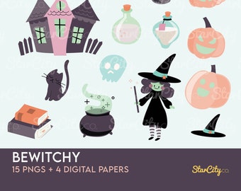 BeWitchy clipart, Halloween clipart, Hand Drawn clipart, PNG, Digital Paper, Haunted House Clipart, Witch clipart, pumpkin, instant download