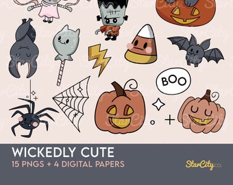 Wickedly Cute Clipart, Halloween Clipart, Handgezeichnete Clipart, PNGS, Digitales Papier, Fledermaus Clipart, Kürbis Clipart, direkter Download