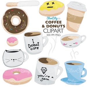 Coffee clipart, Donut clipart, Kawaii Coffee clipart, Donut clip art, Doughnut clip art, Cute Coffee clipart, sticker art, commercial use