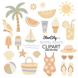 Beach clipart, 23 Pngs, Pastel Beach Clip art, Digital Download, Pool Day art, Ocean art, Summer Birthday graphics