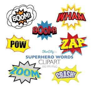 Superhero Clipart, Superhero word clipart, Comic book clipart, Birthday Party art, Super hero clipart, Comic words clipart, Commercial use
