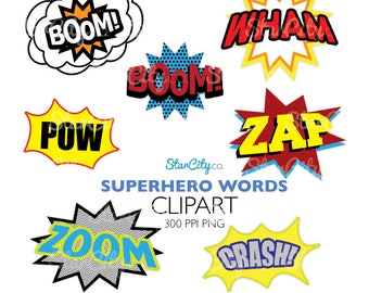 Superhero Clipart, Superhero word clipart, Comic book clipart, Birthday Party art, Super hero clipart, Comic words clipart, Commercial use