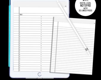 Digital WHITE Legal Pad PDF for tablets, Digital Class Notebook, PDF notebook, linked notebook for tablet planners, digi plans