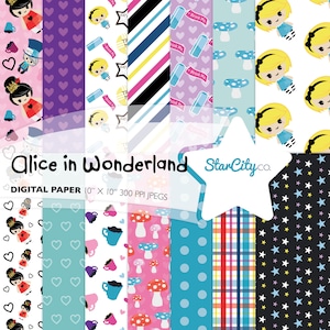 Wonderland Digital Paper Pack, Digital Pattern, Wonderland Paper Pack, Alice Digital Paper, Queen of Hearts Paper, Commercial Use