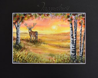 Watercolor “Fall Sunset Buck” 5”x7”