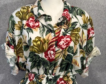 90-tals vintage-set med hawaiiansk blommig print och capribyxor, L/XL