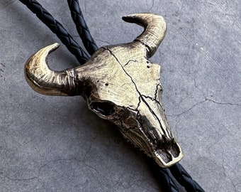 Bull Skull Bolo Tie - Cow Southwest Neckwear Ropa masculina Western Southwestern Cowgirl Cowboy Ranch Neck Collar Cuero Hueso Negro