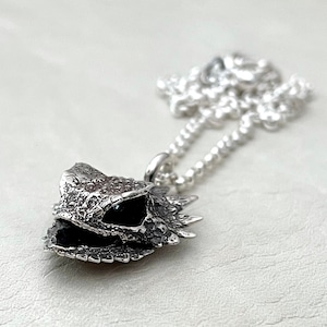 May include: A silver necklace with a detailed, textured pendant shaped like a horned lizard head. The pendant has black eyes and a textured, scaly surface.