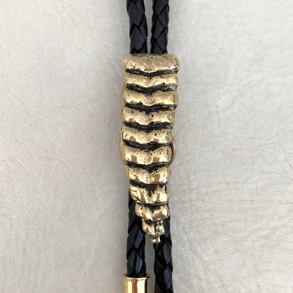 Snake Rattle Bolo Tie (large) - Rattlesnake Necklace Gold Brass Biker Bling Black Leather - Desert Danger Fierce Bold Unisex Animal Serpent