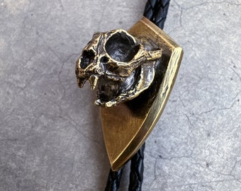 Bobcat Skull Bolo Tie - lynx big cat fierce hunter feline gato purr biker animal bones hardcore badass statement shield western cowboy