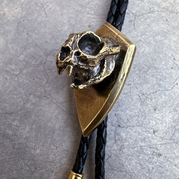 Bobcat Skull Bolo Tie: Brass or Sterling Silver, Western Goth