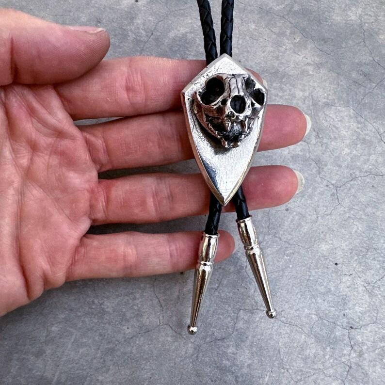 May include: A silver bolo tie with a skull pendant. The skull is detailed and has a pointed shape. The bolo tie is on a black cord.