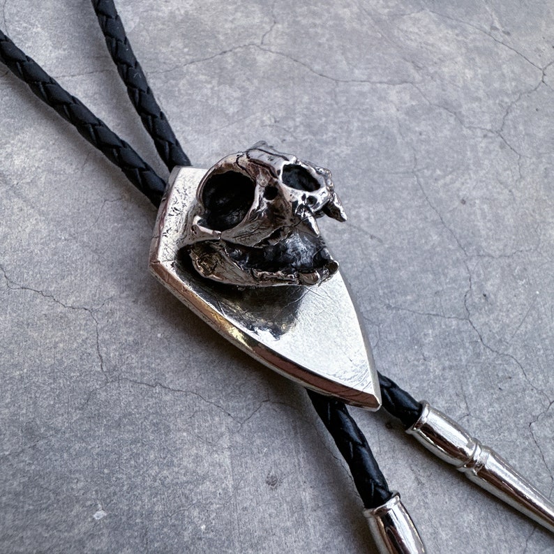 May include: A silver bolo tie with a skull pendant. The skull is detailed and has a textured surface. The bolo tie is made of black leather cord.