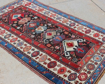 3' 7" X 6' 3" Beautiful Antique Kafkaz Caucasian Carpet, Old World Charm, Wool on Wool, Blue Black Red Gorgeous Pattern, Midcentury Rug