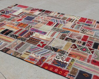 6' 3" X 9' 7" Eclectic Mediterranean Colored Vintage Patchwork Kilim Carpet Rug, Muted But Colorful Family Room Living Bedroom Rug