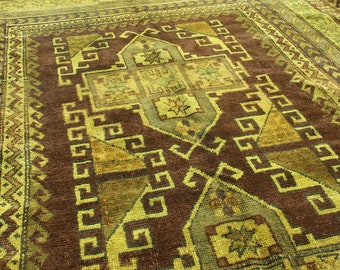 5' 1" X 7' 10" Gold Brown Green Vintage Gorgeous Wool Over Dyed Kars Carpet, Midcentury Modern, Geometric Dyed Living Family Bedroom Rug