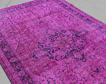 5' 10" X 9' 1" Bold Fuchsia Pink Purple Vintage Over-Dyed Anatolian Carpet, Central Medallion Pink Purple Accent Rug, Midcentury Modern