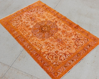 5' 8" X 9' 4" Vibrant Bright Orange Over-Dyed Vintage Turkish Carpet,  Color Rich Ornate Central Medallion Orange Rug