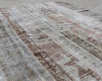 7' X 9' 10"  Beige Bronze Brown Khaki Muted Rust Over-Dyed Patchwork Living Family Bedroom Rug, Midcentury Modern Neutral Striped Carpet
