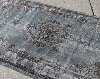 4' X 6' 10" Steel Blue Gray Over-Dyed Vintage Turkish Carpet, Midcentury Modern Gray Kitchen Bathroom Entry Rug