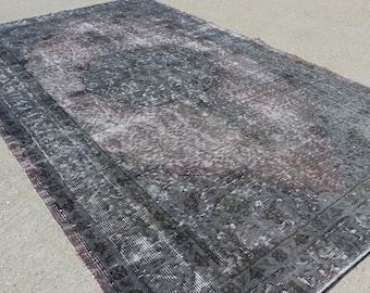 3' 9" X 6' 6" Gray on Gray Sculpted Over Dyed Vintage Oriental Carpet, Midcentury Modern, Monochromatic Tone on Tone Dyed Anatolian Rug