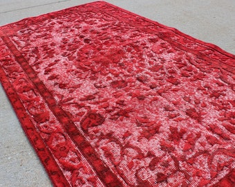 3' 9" X 6' 10" Candy Red Sculpted Over Dyed Vintage Oriental Carpet, Midcentury Modern, Gorgeous Wide Runner, Galley Kitchen Bathroom Rug