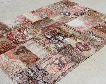 5' 8" X 8'  Sun-Faded Fun Vintage Patchwork Carpet, Great Study Living Family Kid's Room Rug, Soft Colored Transitional Contemporary Rug