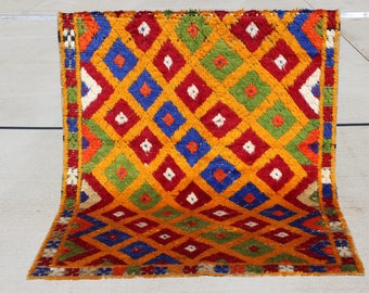 4' 4" X 6' 6" Phenomenal Primary Color Goat Hair Tulu, Boho Chic Eclectic Funky Long Hair Tulu Rug, Geometric Original Wall Art