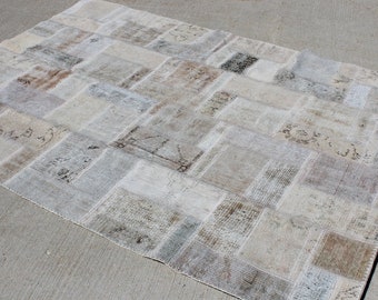 SALE 5' 9" X 7' 10" Modern Beige Cream Khaki Over-Dyed Patchwork Living Family Bedroom Rug, Midcentury Modern Neutral Artistic Carpet