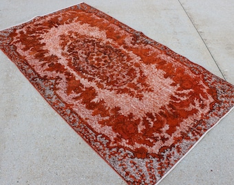 3' 8" X 6' 7" Autumn Harvest Orange Sculpted Over Dyed Vintage Oriental Carpet, Midcentury Modern, Medium Orange, Galley Kitchen Rug