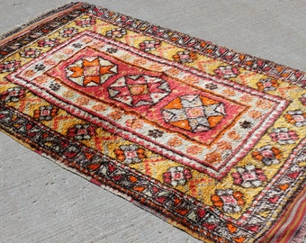 3' 5" X 5' 8" Super Soft Muted Yellow Orange Gray Black Konya Carpet,  Extremely Difficult to Find Vintage Long Pile Anatolian Rug