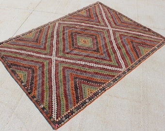 6' 8" X 9' 5" Handsome Multicolored Geometric Vintage Turkish Cicim Kilim, Red Green Black Blue Primary Colored Living Room or Bedroom Rug