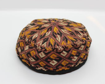 Ethnographic Textile Art Vintage Hand-Embroidered Central Asian Hat, Deep Red Black Mustard Cream Embroidered Tribal Ceremonial Cap