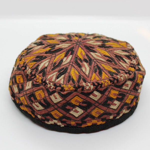 Ethnographic Textile Art Vintage Hand-Embroidered Central Asian Hat, Deep Red Black Mustard Cream Embroidered Tribal Ceremonial Cap