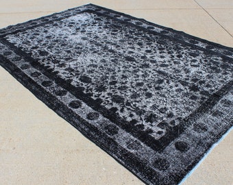 6' 10" X 10' 5" Black and Gray Sculpted Over-Dyed Vintage Oushak Rug, Large Midcentury Modern, Tone on Tone Black Living Room Carpet