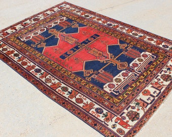 4' 5" X 6' 3" Antique Persian Senna Carpet, Old World Charm, Wool on Wool, Blue Orange Red Cream Colors, Regal Midcentury Modern Rug