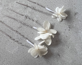 Witte bewaarde hortensia haarprikkers bruiloft bloem haarspeld, vergelijkbaar met gedroogde bloem pinnen, ivoor bruiloft haarstuk