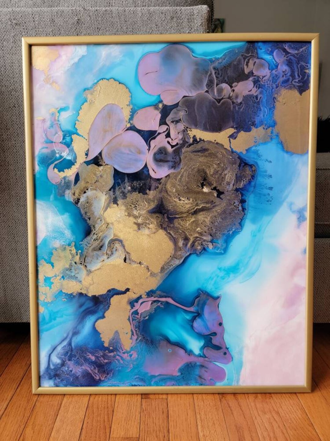 Seascape Blue Contemporary Fluid Art Abstraction Gold Glossy Wall Art