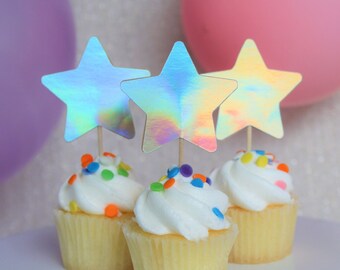 Star Cupcake Toppers - Holographic Cupcake Topper - Birthday Cupcake Topper - Unisex Star Cupcake Toppers - Space Cupcake Topper - Stars