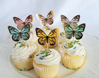 Butterfly Cupcake Toppers - Foil Butterfly - Butterfly theme Birthday - Rainbow Butterflies - Butterfly Party - Spring - Gold Butterfly