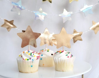 Star Cupcake Toppers - foil Toppers - Star theme Birthday - Space birthday- Sparkle Party - unisex birthdays - gold-silver-rose gold