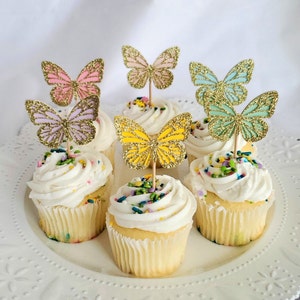 Butterfly Cupcake Toppers - Glitter Butterfly - Butterfly theme Birthday - Rainbow Butterflies - Butterfly Party - Spring - Gold Butterfly