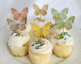 Butterfly Cupcake Toppers - Glitter Butterfly - Butterfly theme Birthday - Rainbow Butterflies - Butterfly Party - Spring - Gold Butterfly