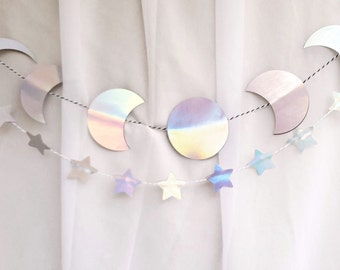 Moon Phase Garland - Celestial Party - Holographic Moon Banner - Outer Space Party - Holographic -Celestial Celebrations - Outer Space Party