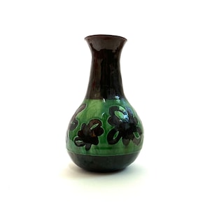 Vintage Brown and Green Ceramic Vase with Abstract Flowers by Sue Eleanor Dietrich, Handmade Vase, Retro Vase, Vintage Ceramic