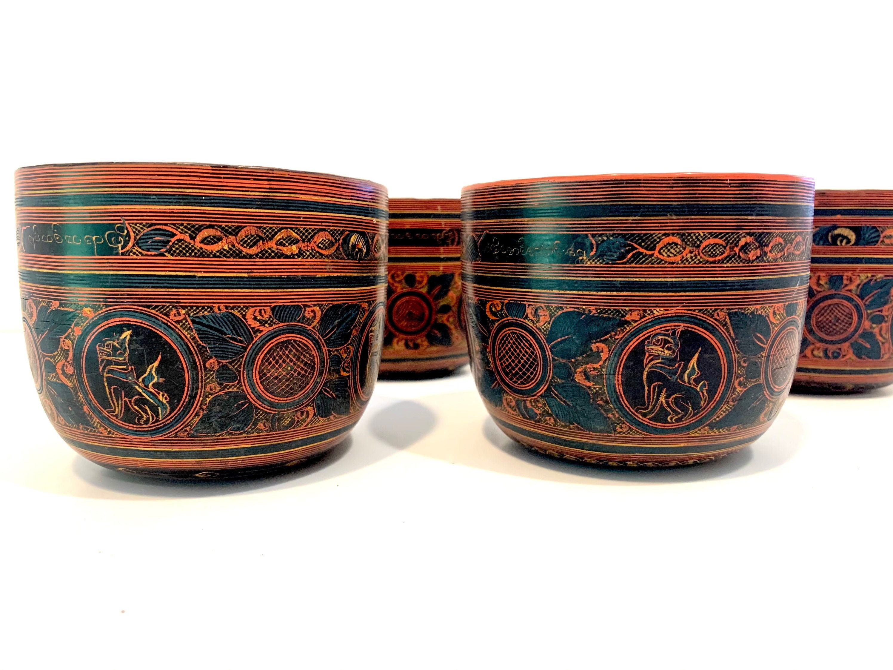 Vintage Burmese Lacquered Bowls, Set of Four Handpainted Bowls